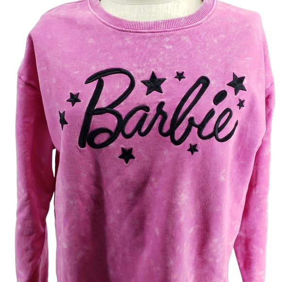 Barbie Womens Size Medium Pink Acid Wash Crew Neck Pullover Sweatshirt NWT - Picture 2 of 9